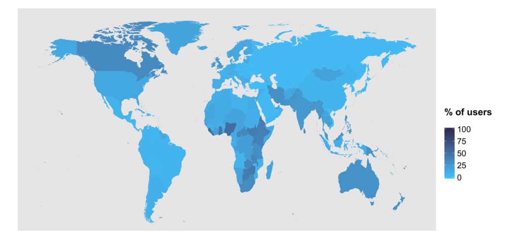 Процент пользователей Duolingo, изучающих французский язык в каждой стране
