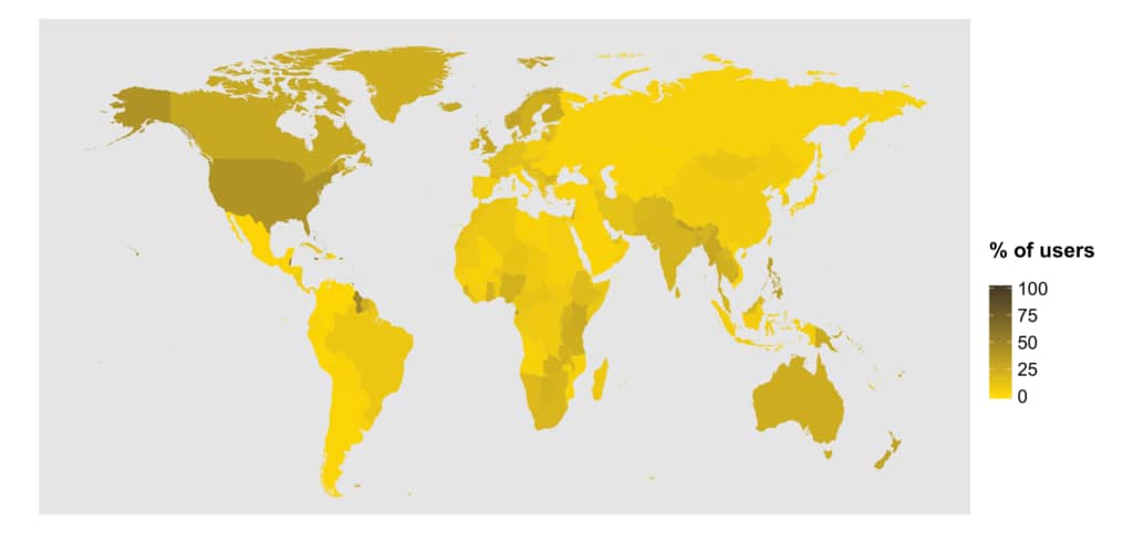 Процент пользователей Duolingo, изучающих испанский язык в каждой стране