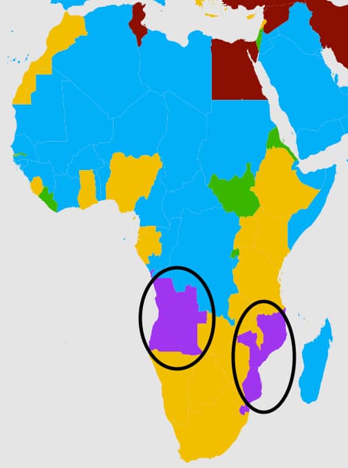 Второй по популярности язык в Анголе и Мозамбике.