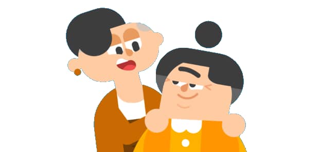 Иллюстрация персонажа Дуолинго Лин со своей бабушкой Люси. Они с любовью смотрят друг на друга.