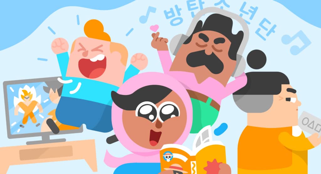 Иллюстрация персонажей Duolingo Джуниора, Оскара, Зари и Люси, наслаждающихся японскими и корейскими книгами, музыкой и медиа.