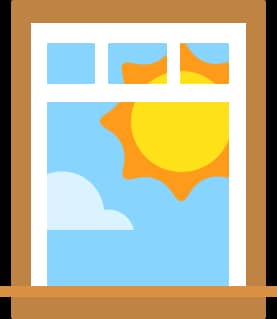 иллюстрация окна, выходящего на ярко-голубое небо с большим сияющим солнцем и пухлым светлым облаком