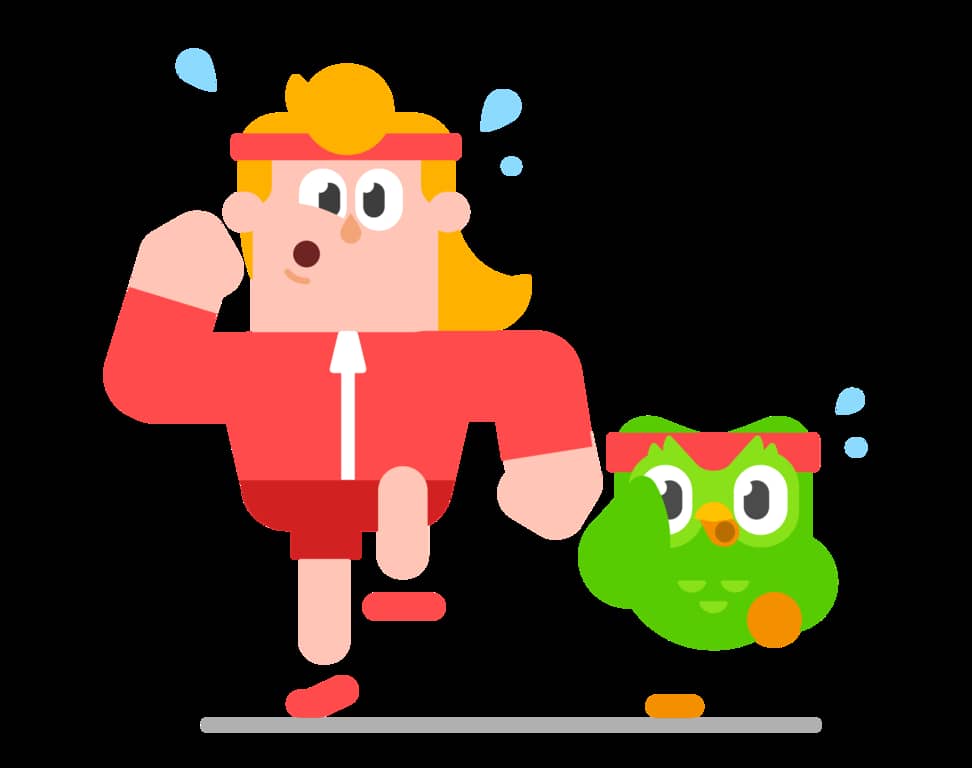 иллюстрация высокой блондинки мэйн в красном спортивном костюме, бегущей рядом с маленькой зеленой совой с красной повязкой на голове. Оба потеют.