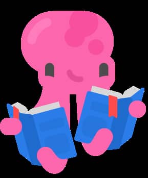 иллюстрация розового осьминога, читающего две книги