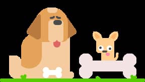 иллюстрация очень большой собаки с очень маленькой костью, рядом с очень маленькой собакой с очень большой костью