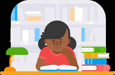 иллюстрация женщины с длинными темными волосами, спокойно сидящей в библиотеке и читающей книгу. Она сидит рядом со стопкой книг и слегка улыбается.