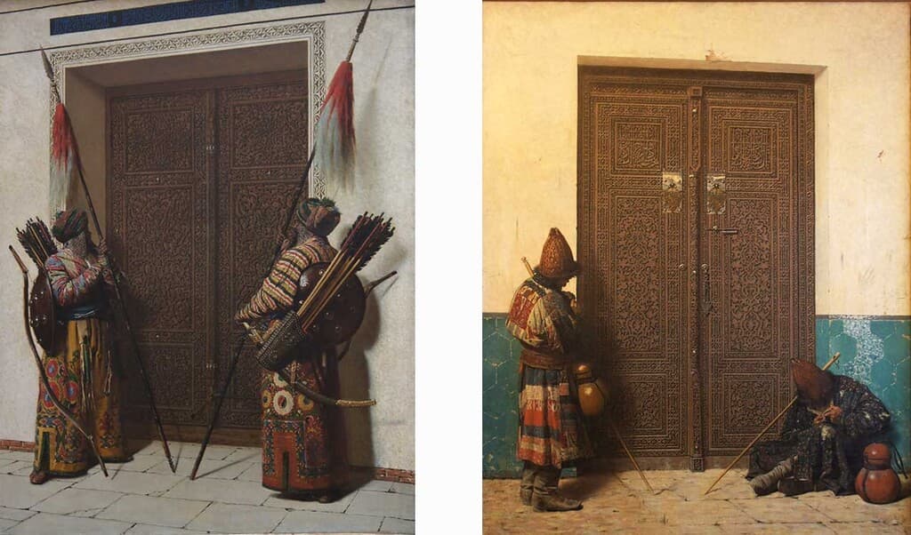 [Слева] “Двери Тамерлана”, 1872, холст, масло и [Справа] “У входа в мечеть”, 1873, холст, масло.
